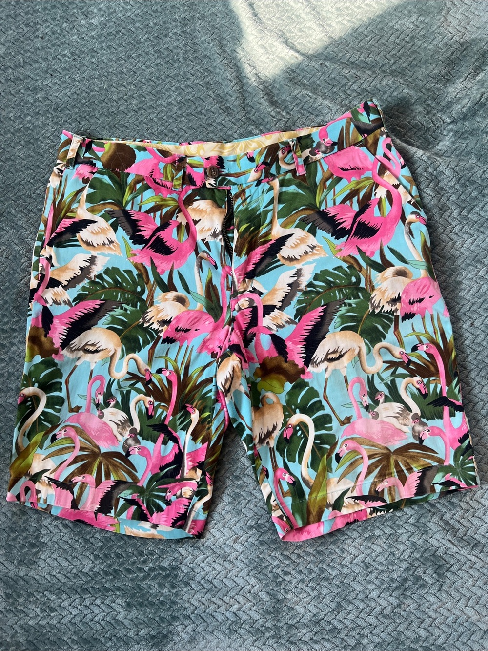 Loudmouth Pink Flamingo Tropical Print Shorts with Blue Base